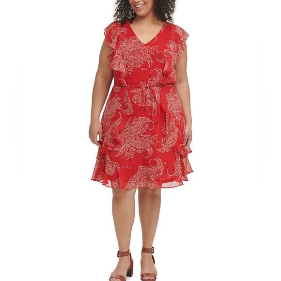 Tommy Hilfiger Red Paisley Fit Flare Ruffle Knee Length Dress Tie Waist 22W NWT - Picture 1 of 16